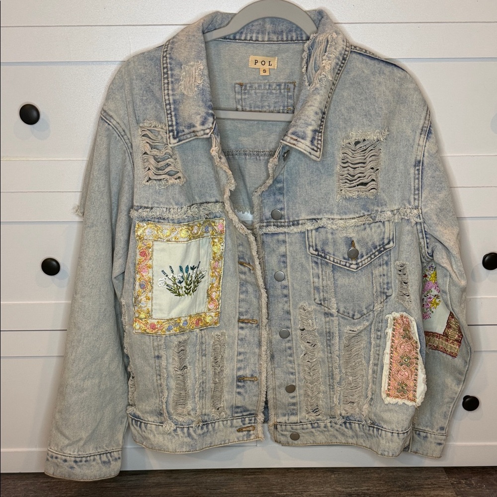 Nwot Pol Oversized Distressed, Patchwork Denim Ja… - image 1